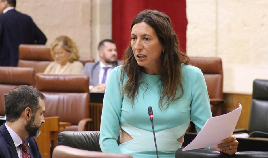 La consejera de Inclusión Social, Loles López, durante su intervención en el Pleno del Parlamento de Andalucía.